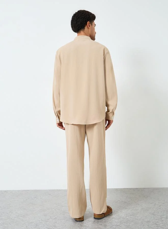 Take Two Beige Men Textured Stand Collar Shirt and Pants Co-Ords for Men | Best Price UAE