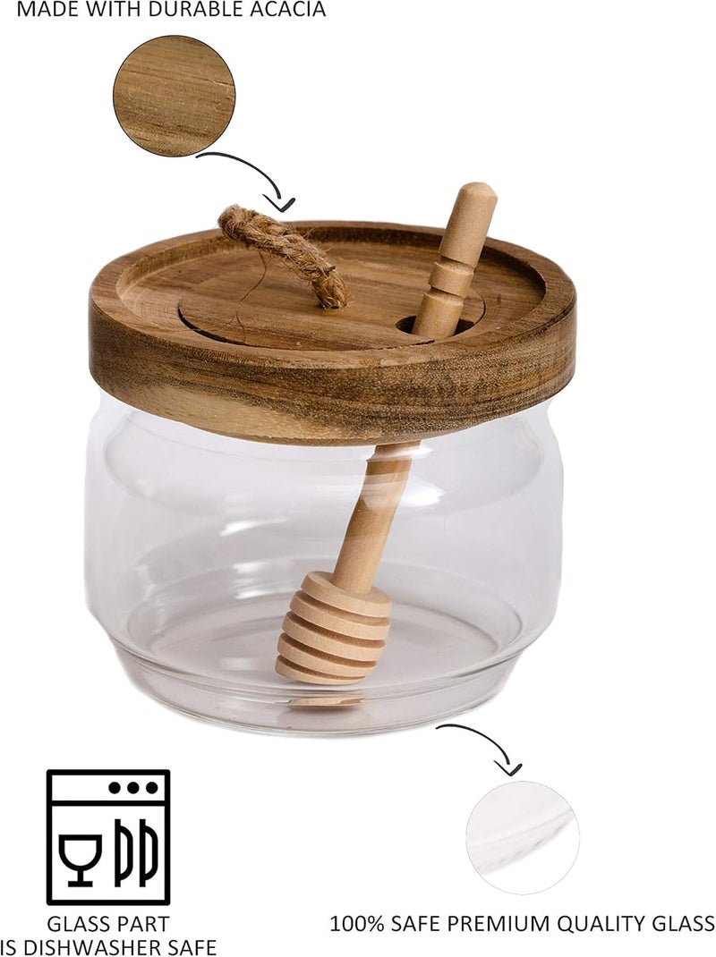 Dstuff Honey Jar Pot Glass Holder Dispenser Set with Wooden Dipper Stick and Acacia Lid Cover for Home Kitchen, Clear, Modern Honey Syrup Glass Container for Storage Gift, Honey Pot and Drizzler (9 Oz) - Image 3