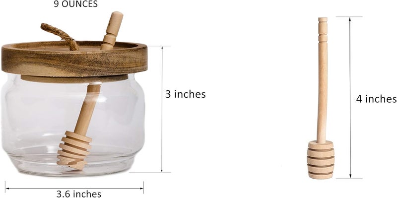 Dstuff Honey Jar Pot Glass Holder Dispenser Set with Wooden Dipper Stick and Acacia Lid Cover for Home Kitchen, Clear, Modern Honey Syrup Glass Container for Storage Gift, Honey Pot and Drizzler (9 Oz) - Image 2