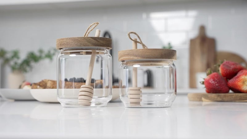 Dstuff Honey Jar Pot Glass Holder Dispenser Set with Wooden Dipper Stick and Acacia Lid Cover for Home Kitchen, Clear, Modern Honey Syrup Glass Container for Storage Gift, Honey Pot and Drizzler (9 Oz) - Image 5