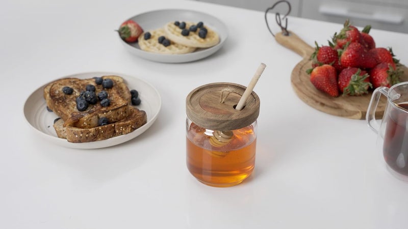 Dstuff Honey Jar Pot Glass Holder Dispenser Set with Wooden Dipper Stick and Acacia Lid Cover for Home Kitchen, Clear, Modern Honey Syrup Glass Container for Storage Gift, Honey Pot and Drizzler (9 Oz) - Image 4