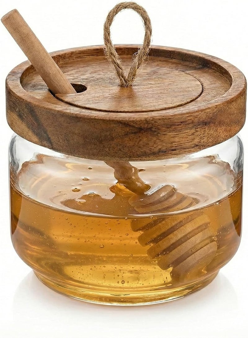 Dstuff Honey Jar Pot Glass Holder Dispenser Set with Wooden Dipper Stick and Acacia Lid Cover for Home Kitchen, Clear, Modern Honey Syrup Glass Container for Storage Gift, Honey Pot and Drizzler (9 Oz) - Image 1