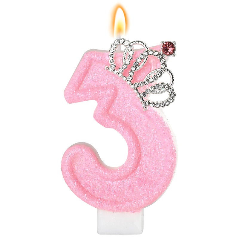 IDIJOLI Pink Birthday Candle Crown Number 3 Candles Cake Candle,Pink Birthday Cake Topper Cupcake Decorations Party Decor for Girls and Women Anniversary Celebrations Supplies Favors - Image 1
