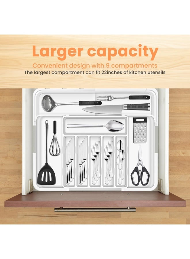 عربست ترقية أكبر أدوات الطعام منظم الدرج مع 9 المقصورات, مطبخ قابل للتوسع من 3 جوانب, منظم الدرج الأدوات غير المنزلقة,منظم الدرج الكبير للملاعق والشوكات والسكاكين,أبيض - Image 3