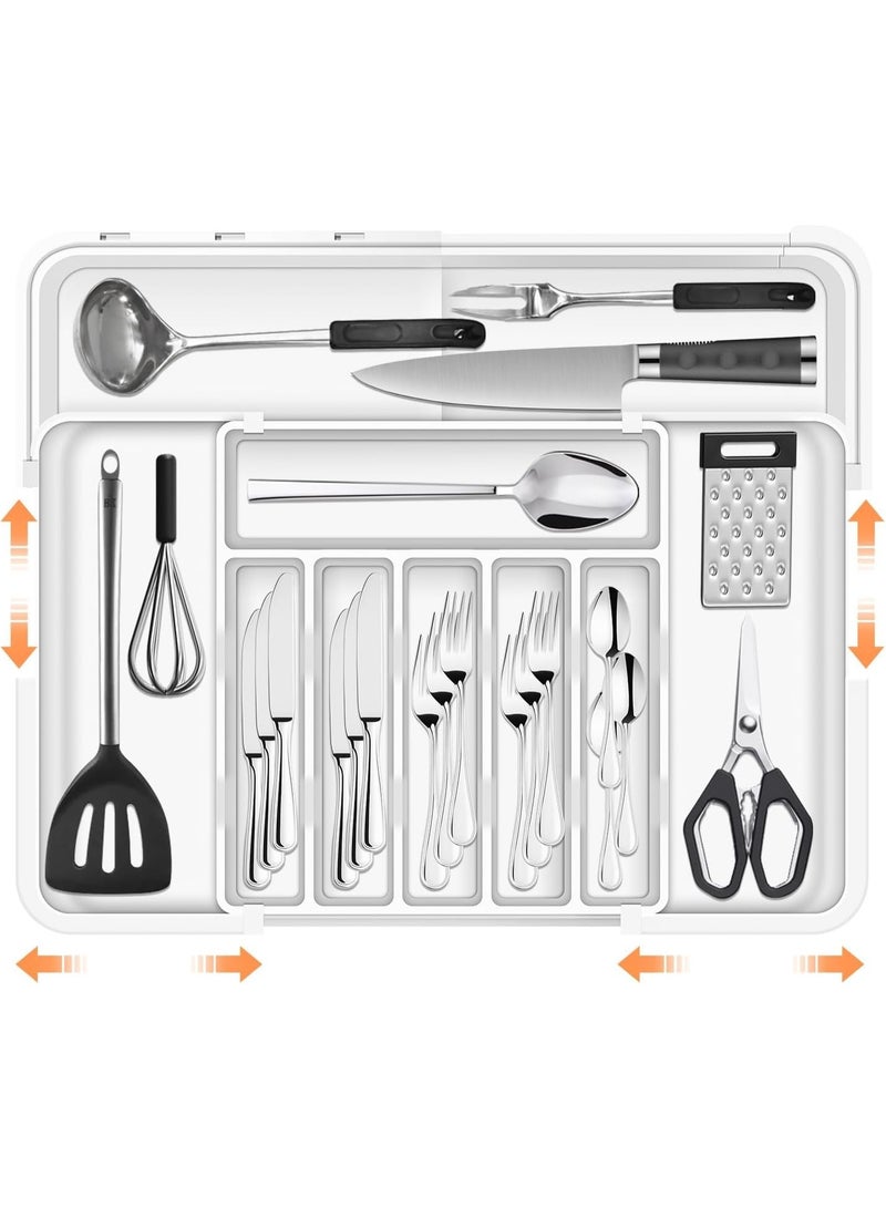 عربست ترقية أكبر أدوات الطعام منظم الدرج مع 9 المقصورات, مطبخ قابل للتوسع من 3 جوانب, منظم الدرج الأدوات غير المنزلقة,منظم الدرج الكبير للملاعق والشوكات والسكاكين,أبيض - Image 1