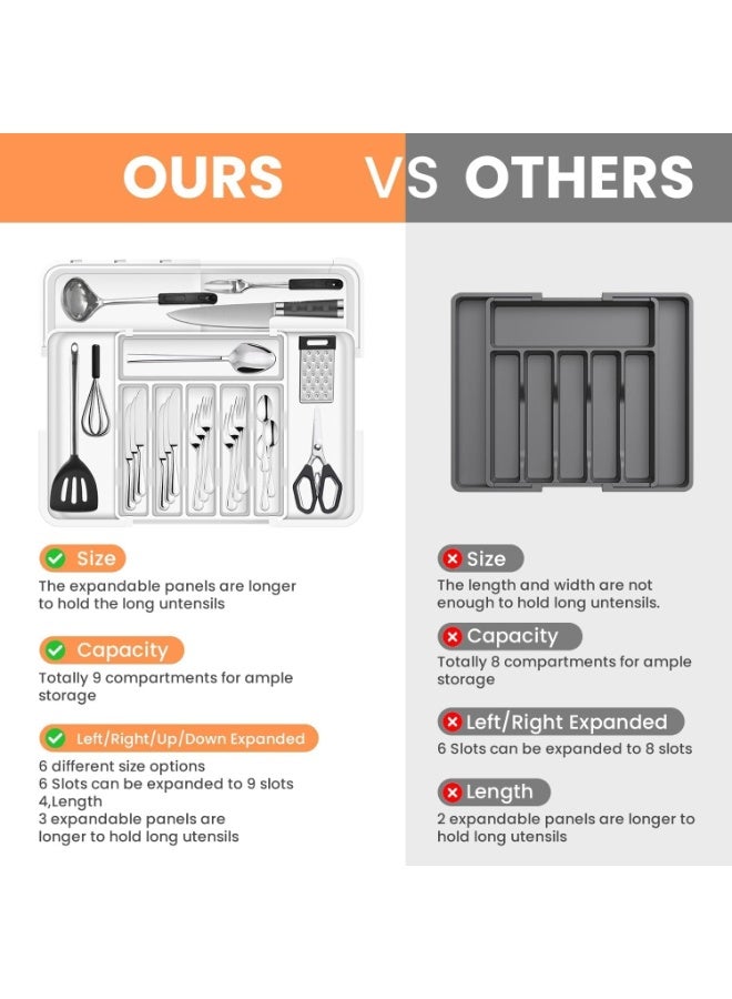 عربست ترقية أكبر أدوات الطعام منظم الدرج مع 9 المقصورات, مطبخ قابل للتوسع من 3 جوانب, منظم الدرج الأدوات غير المنزلقة,منظم الدرج الكبير للملاعق والشوكات والسكاكين,أبيض - Image 4
