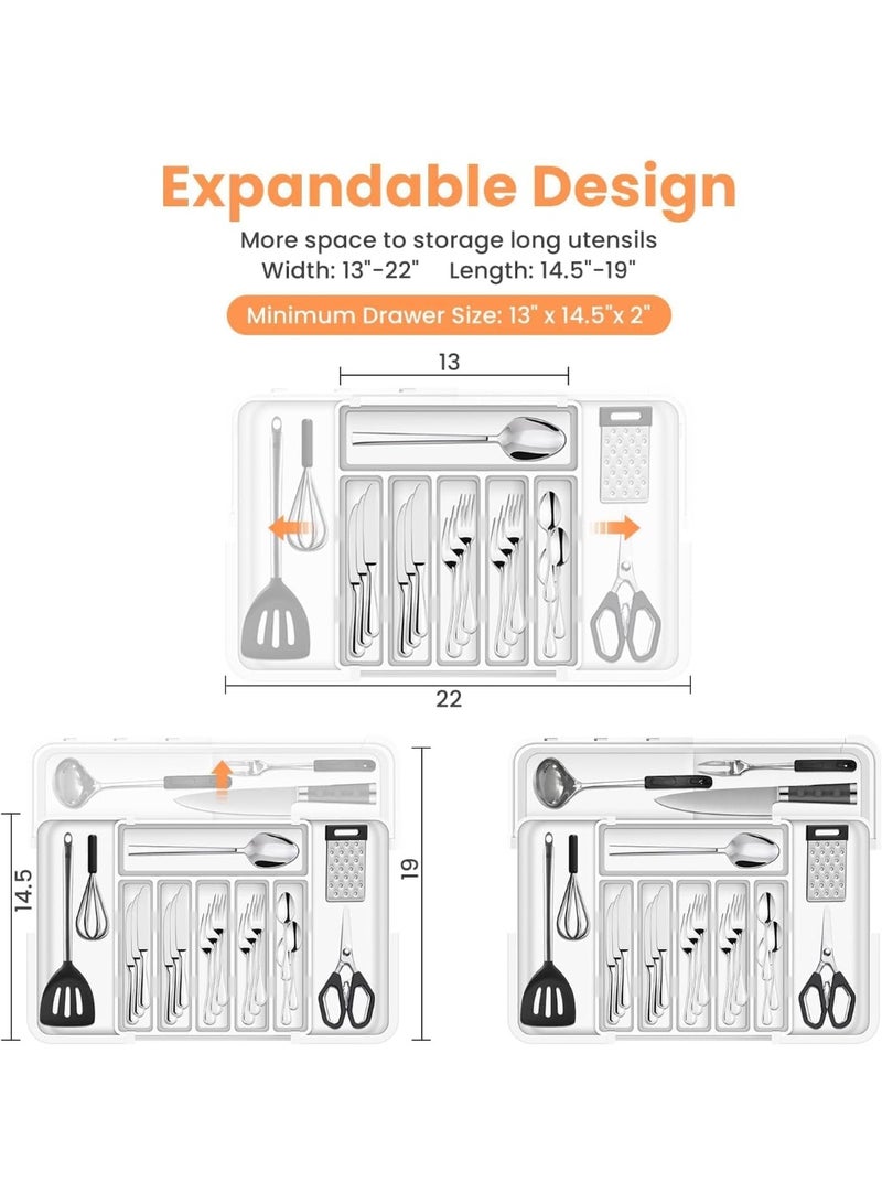 عربست ترقية أكبر أدوات الطعام منظم الدرج مع 9 المقصورات, مطبخ قابل للتوسع من 3 جوانب, منظم الدرج الأدوات غير المنزلقة,منظم الدرج الكبير للملاعق والشوكات والسكاكين,أبيض - Image 2