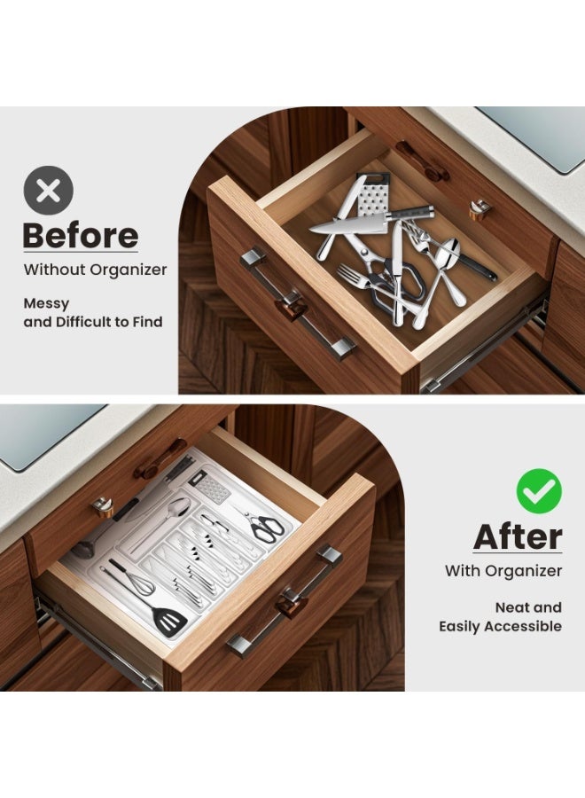 عربست ترقية أكبر أدوات الطعام منظم الدرج مع 9 المقصورات, مطبخ قابل للتوسع من 3 جوانب, منظم الدرج الأدوات غير المنزلقة,منظم الدرج الكبير للملاعق والشوكات والسكاكين,أبيض - Image 5