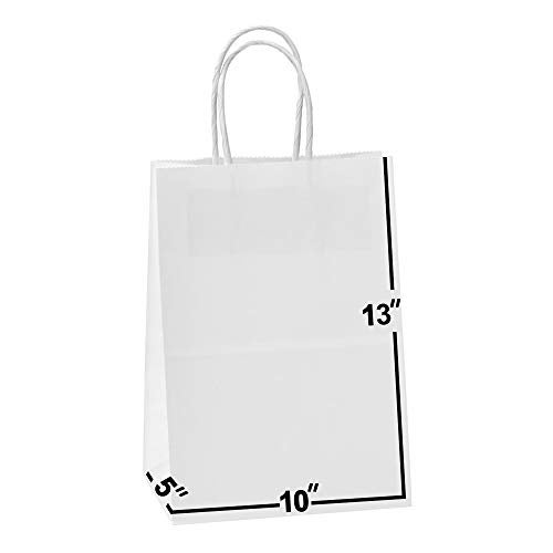 Shoplenty White Paper Bags with Handles Bulks 10 X 5 X 13 [50 Bags]. Ideal for Shopping, Packaging, Retail, Party, Craft, Gifts, Wedding, Recycled, Business, Goody and Merchandise Kraft Bag - Image 1