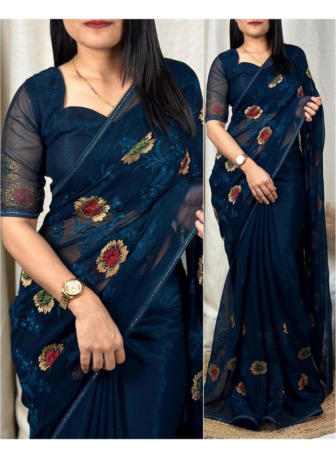 Women's Beautiful Sitara Chiffon Saree With Blouse (Rama Blue)  - Image 2