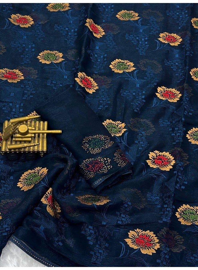 Women's Beautiful Sitara Chiffon Saree With Blouse (Rama Blue)  - Image 4