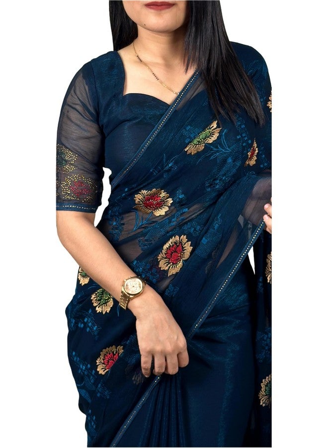 Women's Beautiful Sitara Chiffon Saree With Blouse (Rama Blue)  - Image 1