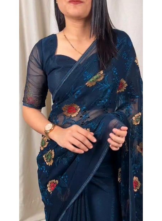 Women's Beautiful Sitara Chiffon Saree With Blouse (Rama Blue)  - Image 5