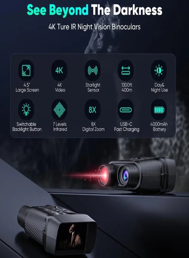 4K Night Vision Binoculars for Adults with 4.5-Inch Screen, 8X Digital Zoom, 36MP Photo & 4K Video Recording, 32GB TF Card Included, 4000mAh Battery, Type-C Fast Charging – Ideal for Camping, Hiking & Wildlife Observation - Image 4