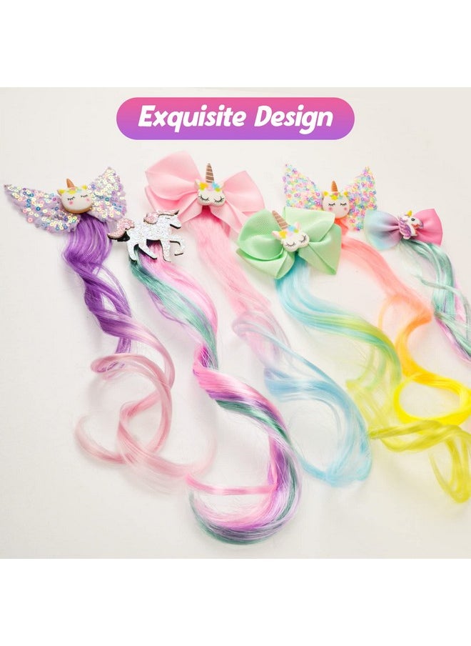 Ideal Swan 6 Set Unicorn Hair Extensions Clip Colored Curly Hair Extensions Clips Cute Unicorn Accessories Hair Extensions For Kids Ponytails Girls Rainbow Thick Wig Clip In Fake Bangs (Curly Hair)  - Image 4