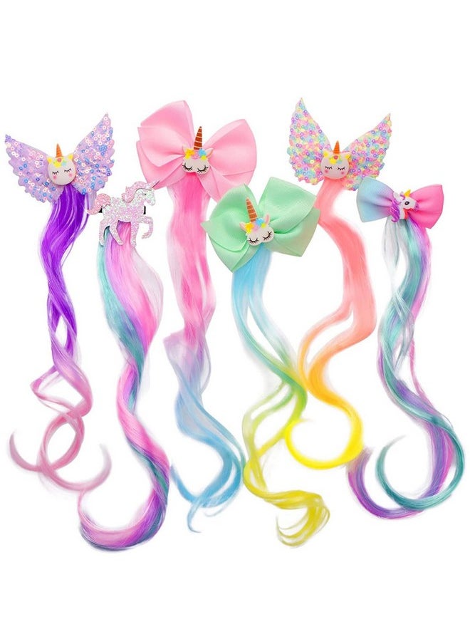 Ideal Swan 6 Set Unicorn Hair Extensions Clip Colored Curly Hair Extensions Clips Cute Unicorn Accessories Hair Extensions For Kids Ponytails Girls Rainbow Thick Wig Clip In Fake Bangs (Curly Hair)  - Image 2