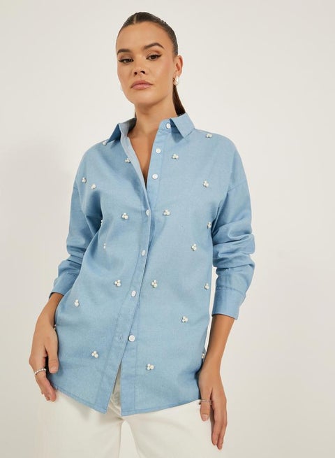 Faux Pearl Embellished Long Sleeve Loose Fit Shirt