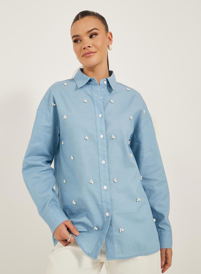 Styli Faux Pearl Embellished Long Sleeve Loose Fit Shirt  - Image 3