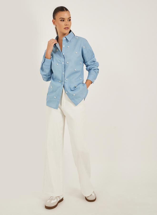 Styli Faux Pearl Embellished Long Sleeve Loose Fit Shirt  - Image 2