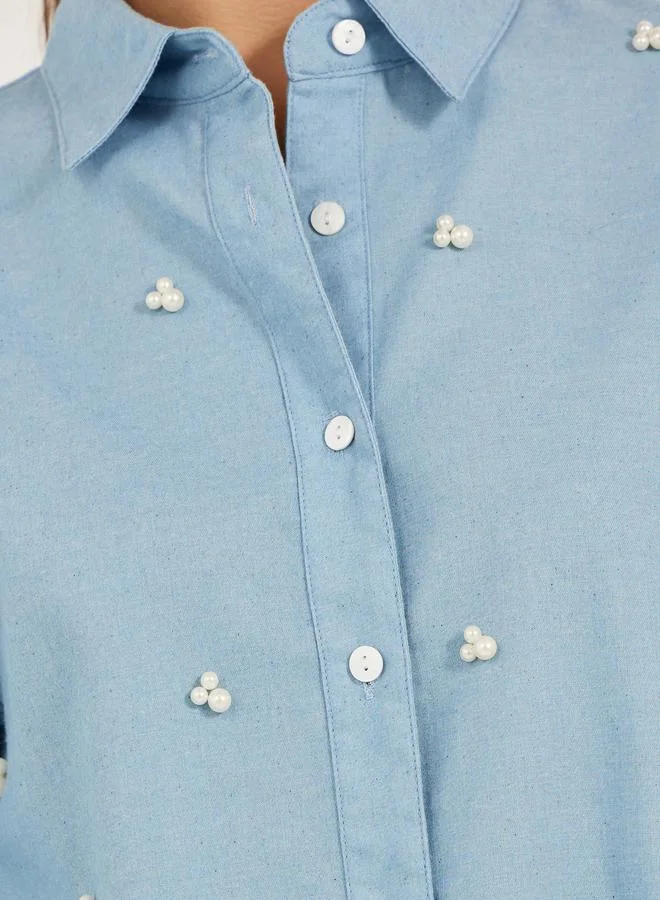 Styli Light Blue Faux Pearl Embellished Long Sleeve Loose Fit Shirt for Women | Best Price UAE