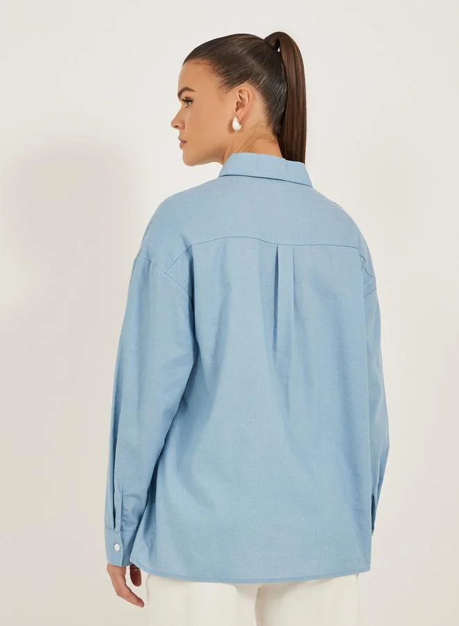 Styli Light Blue Faux Pearl Embellished Long Sleeve Loose Fit Shirt for Women | Best Price UAE