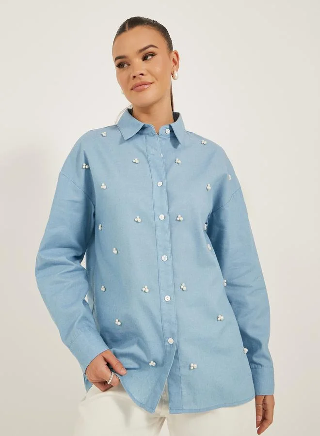 Styli Light Blue Faux Pearl Embellished Long Sleeve Loose Fit Shirt for Women | Best Price UAE