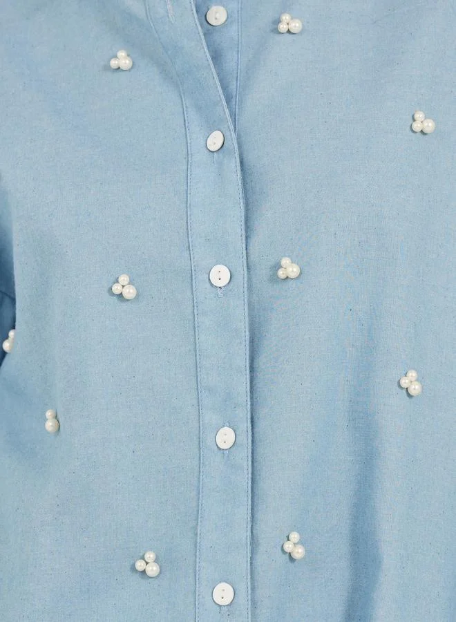 Styli Light Blue Faux Pearl Embellished Long Sleeve Loose Fit Shirt for Women | Best Price UAE