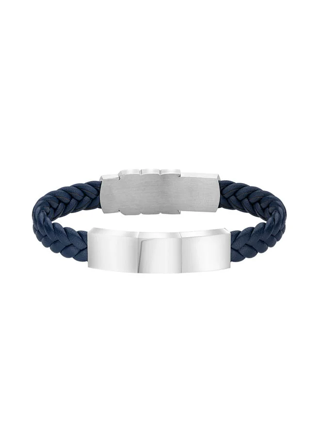 بوليس Valorious Navy Leather Braided Bracelet with Stainless Steel Closure for Men