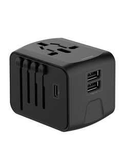 محول سفر عالمي مع 2 USB، و1 USB-C، ومقبس طاقة، متوافق مع جميع أنحاء العالم (أسود، 66 × 53 × 52 مم)