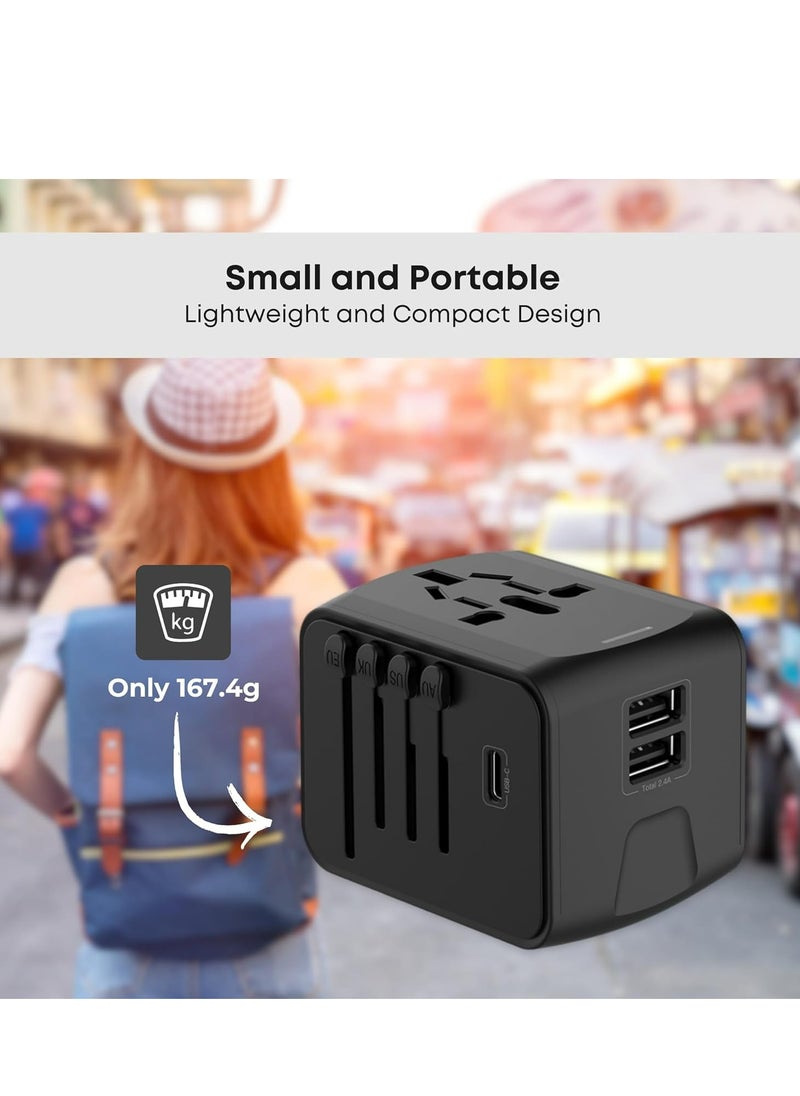أوزيغالور - محول سفر عالمي مع 2 USB، و1 USB-C، ومقبس طاقة، متوافق مع جميع أنحاء العالم (أسود، 66 × 53 × 52 مم) - Image 1