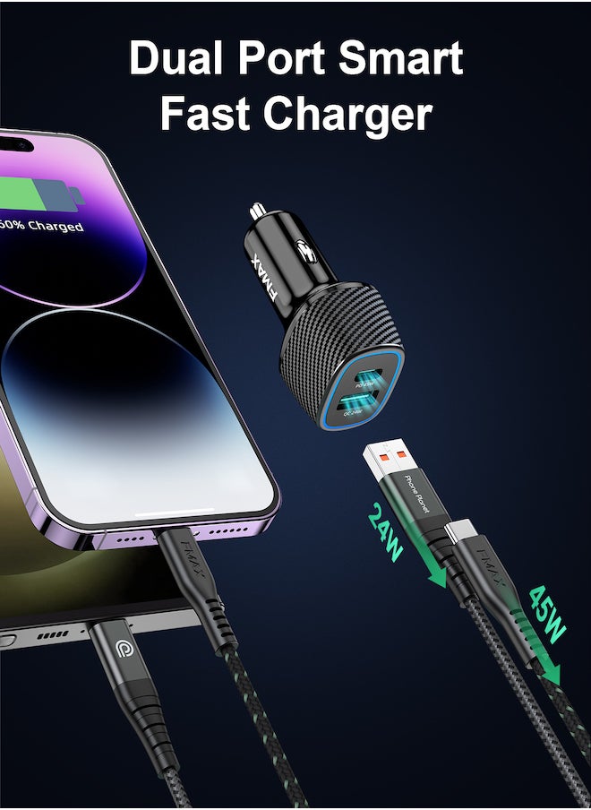 FMAX - USB C Car Charger, Apple MFI 69W Fast USB Car Charger Plug with PD&QC 3.0 Dual Port Compatible with iPhone 15/14 /13 /12 /11/10,Pixel 7,Galaxy S23 Ultra,Galaxy Z flip 4/Z fold 4,iPad - Image 1