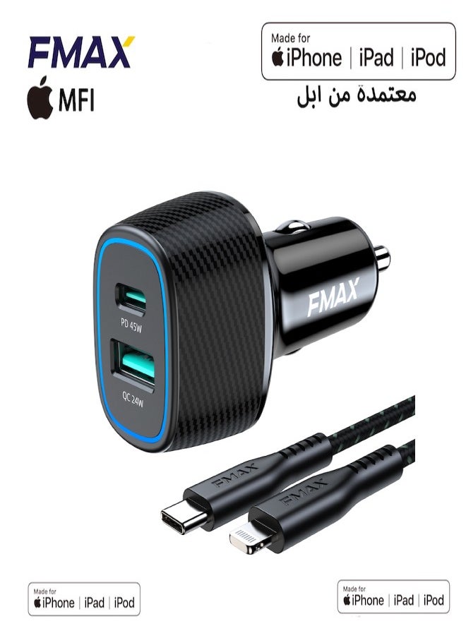 FMAX - USB C Car Charger, Apple MFI 69W Fast USB Car Charger Plug with PD&QC 3.0 Dual Port Compatible with iPhone 15/14 /13 /12 /11/10,Pixel 7,Galaxy S23 Ultra,Galaxy Z flip 4/Z fold 4,iPad - Image 1