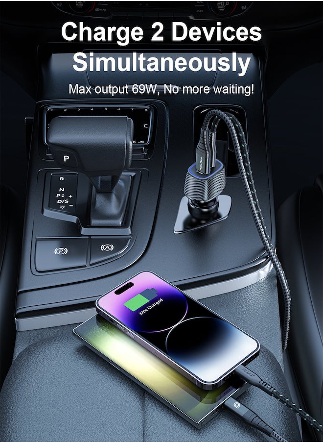 FMAX - USB C Car Charger, Apple MFI 69W Fast USB Car Charger Plug with PD&QC 3.0 Dual Port Compatible with iPhone 15/14 /13 /12 /11/10,Pixel 7,Galaxy S23 Ultra,Galaxy Z flip 4/Z fold 4,iPad - Image 1