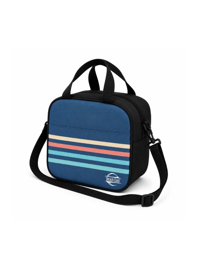 Beach Cool BeachCool 6L Rectangular Black Insulated Lunch Bag with Navy Blue Retro Stripe Pattern, Adjustable Shoulder Strap – Reusable Thermal Cooler Bag for Work, School, Picnic and Travel, 25 × 14 × 23 cm - Image 1