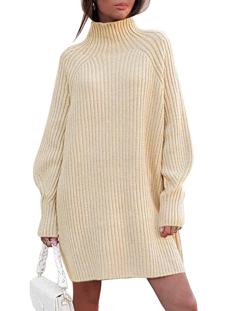 LILLUSORY Sweater Dresses for Women 2026 Fall Fashion Mock Neck Long Lantern Sleeve Oversized Outfits Knit Tops Clothes Apricot L - Image 1