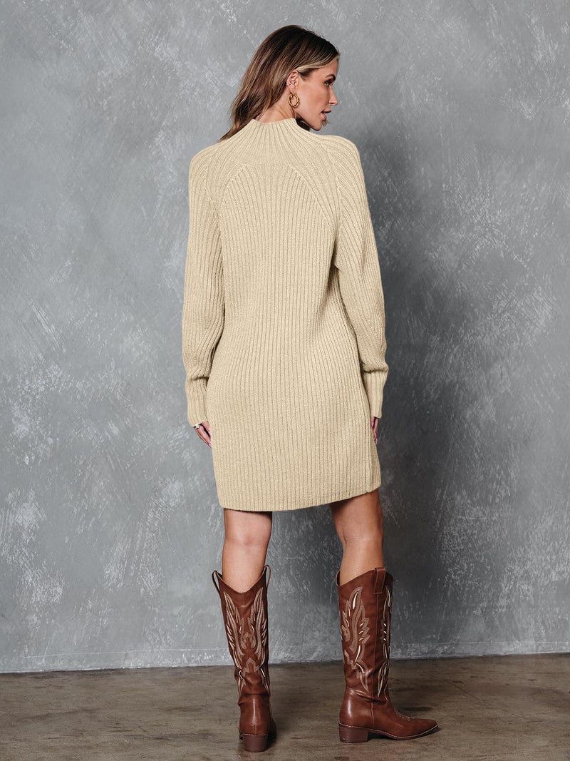 LILLUSORY Sweater Dresses for Women 2026 Fall Fashion Mock Neck Long Lantern Sleeve Oversized Outfits Knit Tops Clothes Apricot L - Image 5