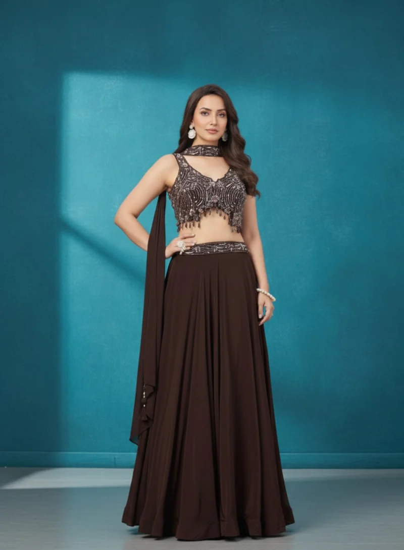 Lehar Elegant Coffee Brown Embroidered Lehenga Choli Set