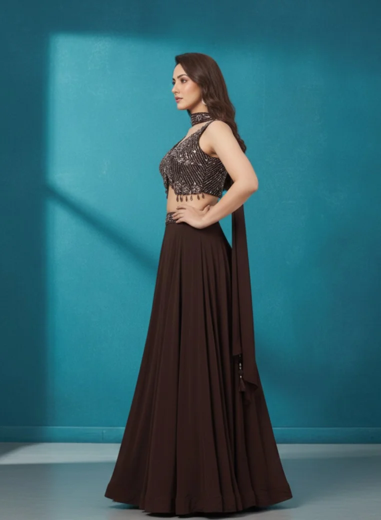 Lehar Elegant Coffee Brown Embroidered Lehenga Choli Set