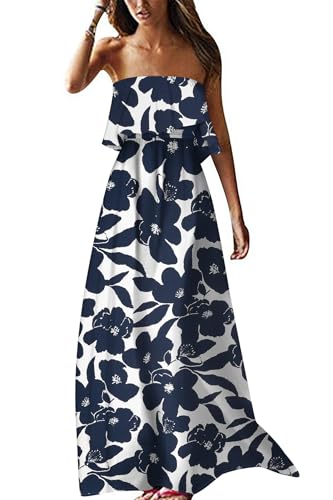 ZMPSIISA Women's Summer Off The Shoulder Maxi Dress Ruffle Strapless Blue White Porcelain Boho Casual Loose Long Dresses(A-Navy Flower,Large) - Image 1