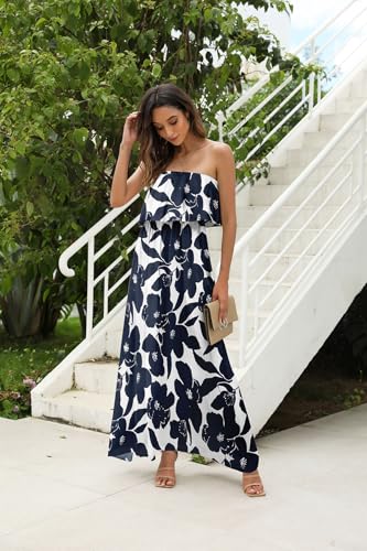 ZMPSIISA Women's Summer Off The Shoulder Maxi Dress Ruffle Strapless Blue White Porcelain Boho Casual Loose Long Dresses(A-Navy Flower,Large) - Image 5