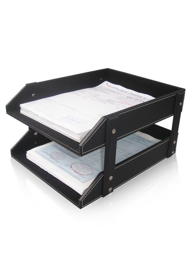 KINGFOM Letter Tray, Leather Paper Organizer Tray, Wooden Desk File Holder, Desktop File, Stackable Magazine Holder, Mail Sorter, Great for Home or Office - 2 Level Black - Image 2