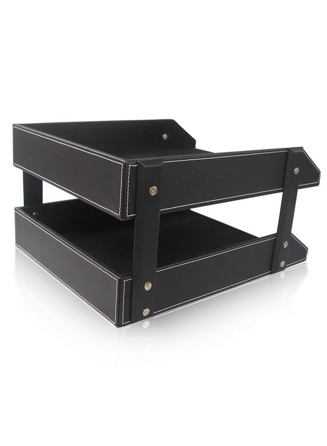 KINGFOM Letter Tray, Leather Paper Organizer Tray, Wooden Desk File Holder, Desktop File, Stackable Magazine Holder, Mail Sorter, Great for Home or Office - 2 Level Black - Image 3