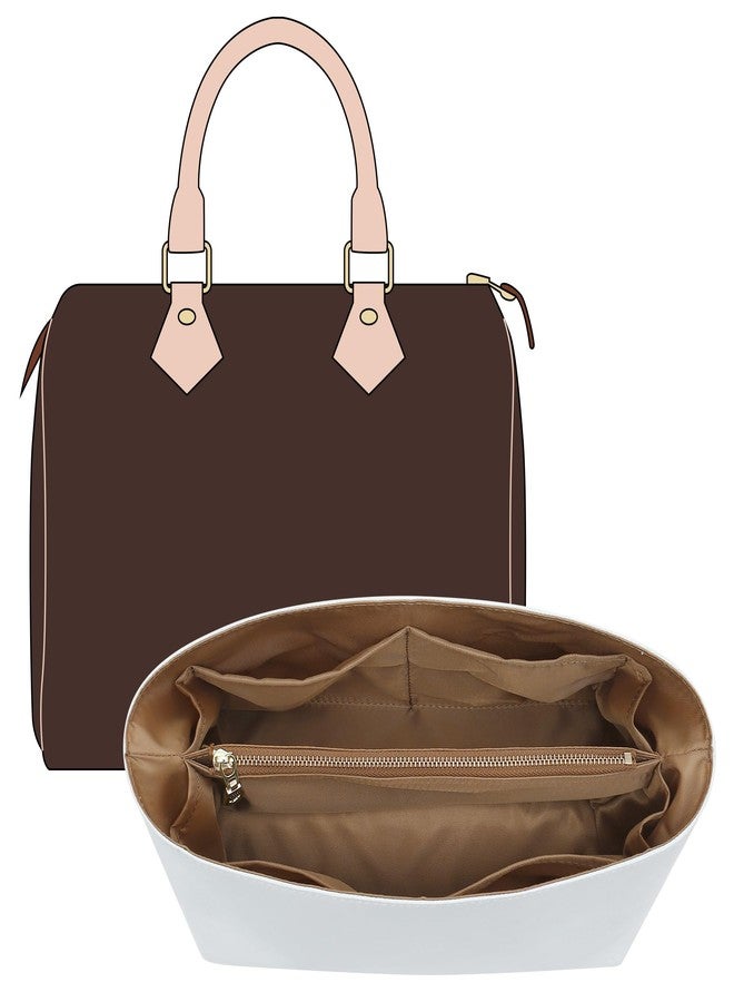 OAikor منظم حقائب OAikor متوافق مع حقائب lv Speedy 25/Monogram وغيرها، واقي خفيف الوزن ومقاوم للماء مصنوع من ورق دوبونت، مناسب لحقائب اليد النسائية، 11 جيبًا بسحاب (أبيض وبني، مقاس متوسط) - Image 1