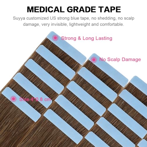 SUYYA Tape in Hair Extensions Human Hair Chestnut Brown 100% Remy Human Hair 50g/pack 20pcs Straight Seamless Skin Weft Tape in Human Hair Extensions(18 inches #6 Medium Brown) - Image 3