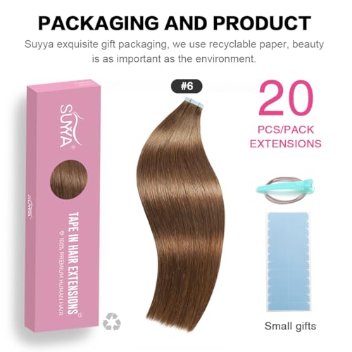 SUYYA Tape in Hair Extensions Human Hair Chestnut Brown 100% Remy Human Hair 50g/pack 20pcs Straight Seamless Skin Weft Tape in Human Hair Extensions(18 inches #6 Medium Brown) - Image 2