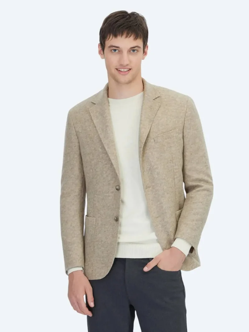 Kip Beige Patterned Modern Fit Wool Blended Jacket