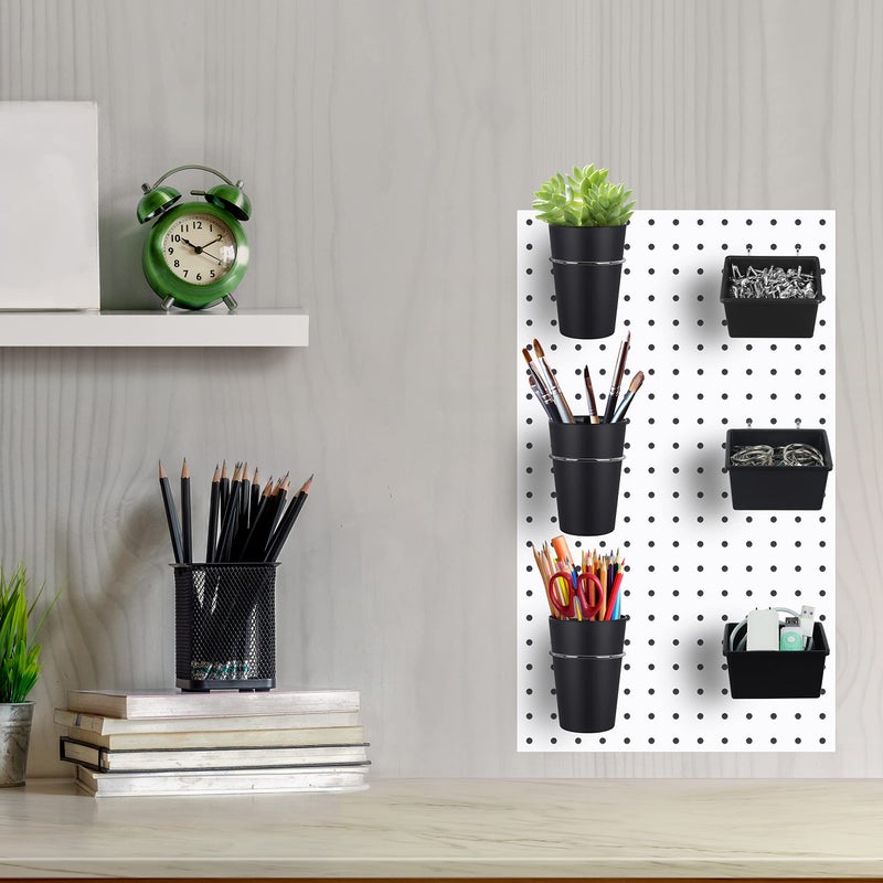 Kuhome 6 مجموعات من Kuhome، صناديق Pegboard، أكواب Pegboard مع خطافات، خطاطيف Pegboard، مجموعة متنوعة من الخطافات لحامل أكواب Pegboard لتنظيم الملحقات، أدوات التخزين، ورشة العمل، المرآب، منضدة العمل باللون الأسود - Image 3