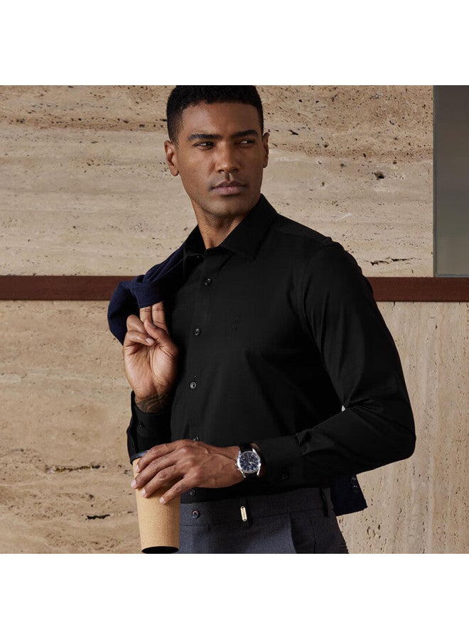 Ouding First Class High Elastic Shirt Wolf King Black Men's High Elastic Wrinkle-free Black Long Sleeve Shirt Wolf King Black Solid Color 42 - Image 1