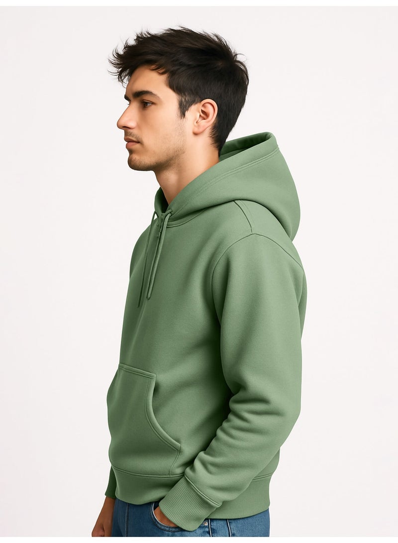 Maniac Mens Plain Hooded Neck Full Sleeve Hunter Green Cotton Fleece Sweatshirt - Image 2