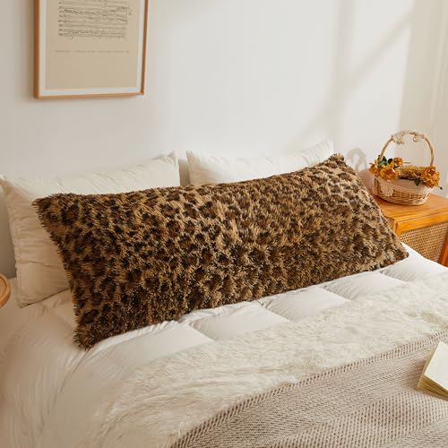 XeGe 20x54 Fluffy Leopard Print Body Pillow Cover, Cheetah Print Plush Fuzzy Faux Fur Body Pillowcase with Zipper, Farmhouse Shaggy Furry Long Pillow Cover for Pregnant Women Side Sleeper, Brown - Image 1
